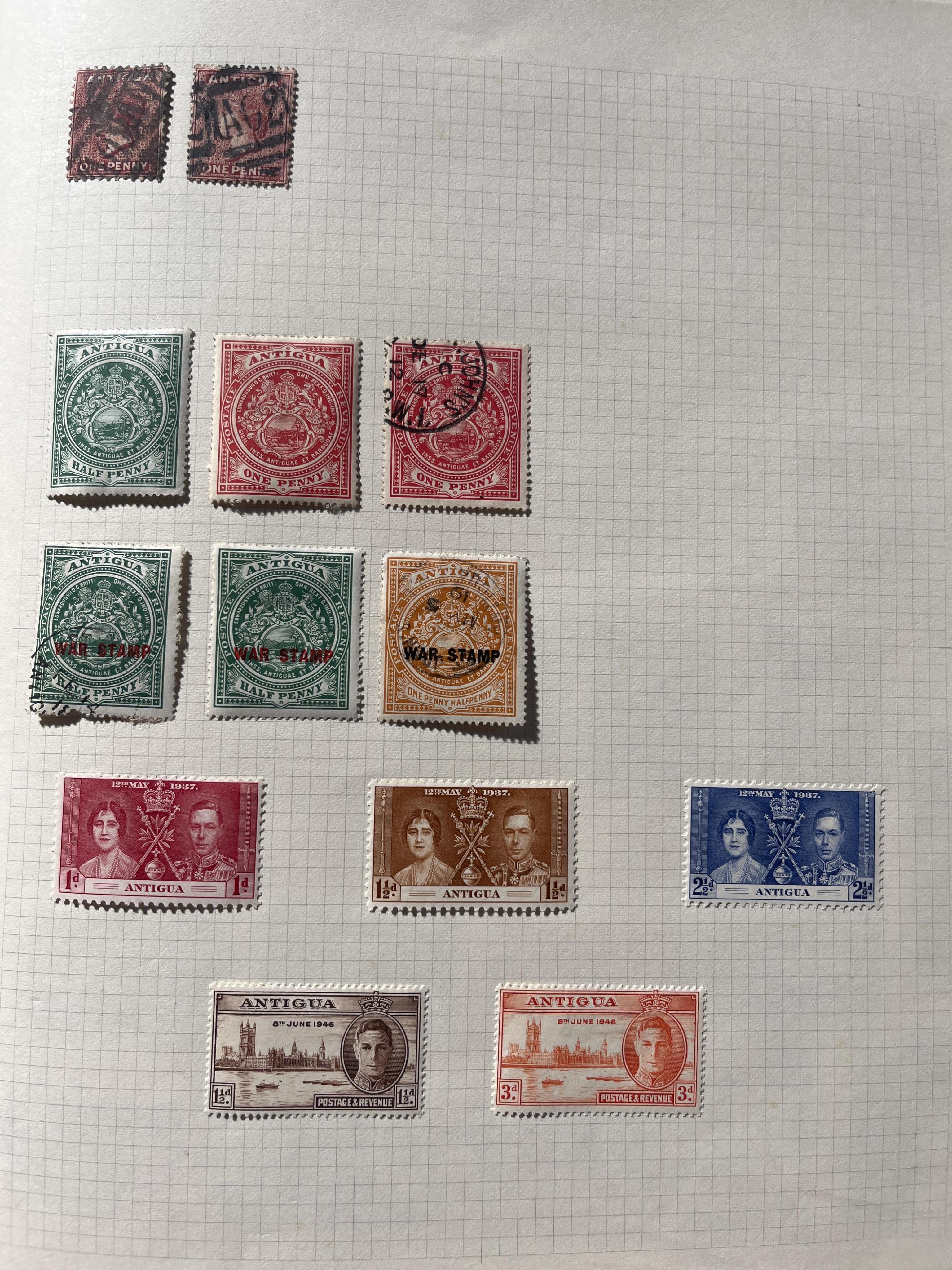 Orilex stamp album containing Antigua, Barbados, Jamaica, Falkland Islands, St. Lucia, Trinidad stamps etc.